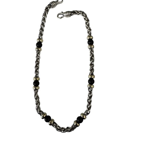 David Yurman Sterling Silver 14k Yellow Gold Bead Onyx Bead Wheat Chain Necklace - Picture 4 of 5